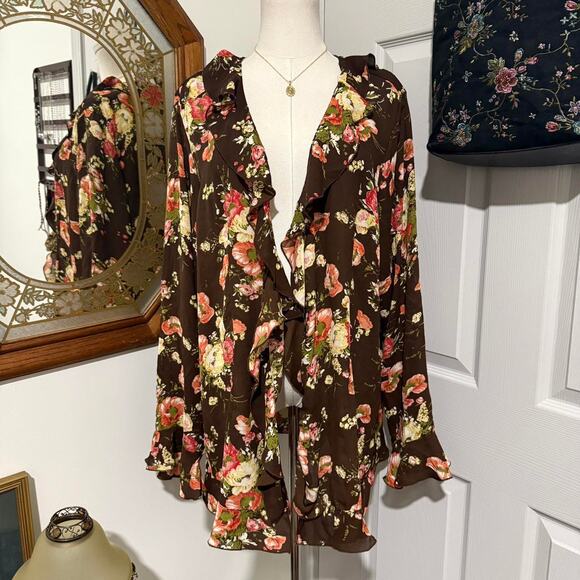 VTG Dark Brown & Multicolor Floral Ruffled Long Flare Sleeve Open Front Cardigan - Picture 3 of 8
